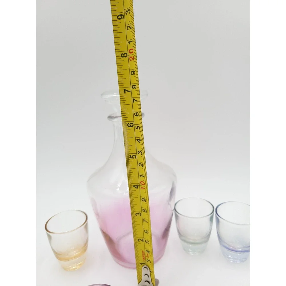 Parisienne Cordial Set Iridescent‎ Multi Color Glasses Pink Decanter France Vtg